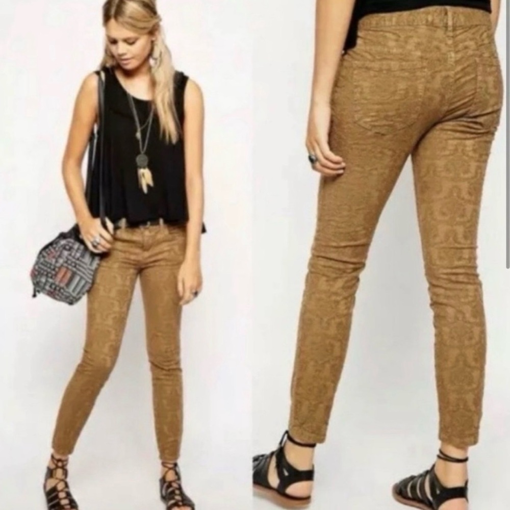 Free‎ People Size 25 Jacquared Textured Floral Skinny Tan Gold Jeans Whimsigoth